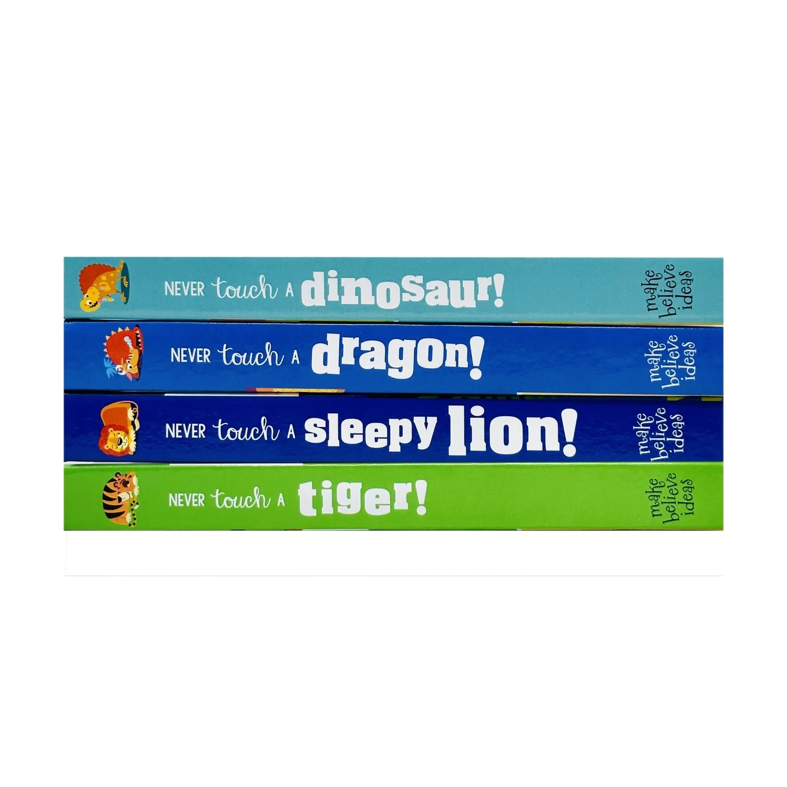 Never Touch a... board book set showing silicone touch-and-feel textures - Dinosaur, Dragon, Sleepy Lion, Tiger board books for babies and toddlers