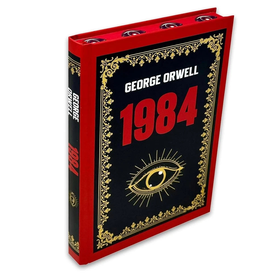 Back cover of Nineteen Eighty-Four by George Orwell hardback, dystopian fiction blurb and synopsis