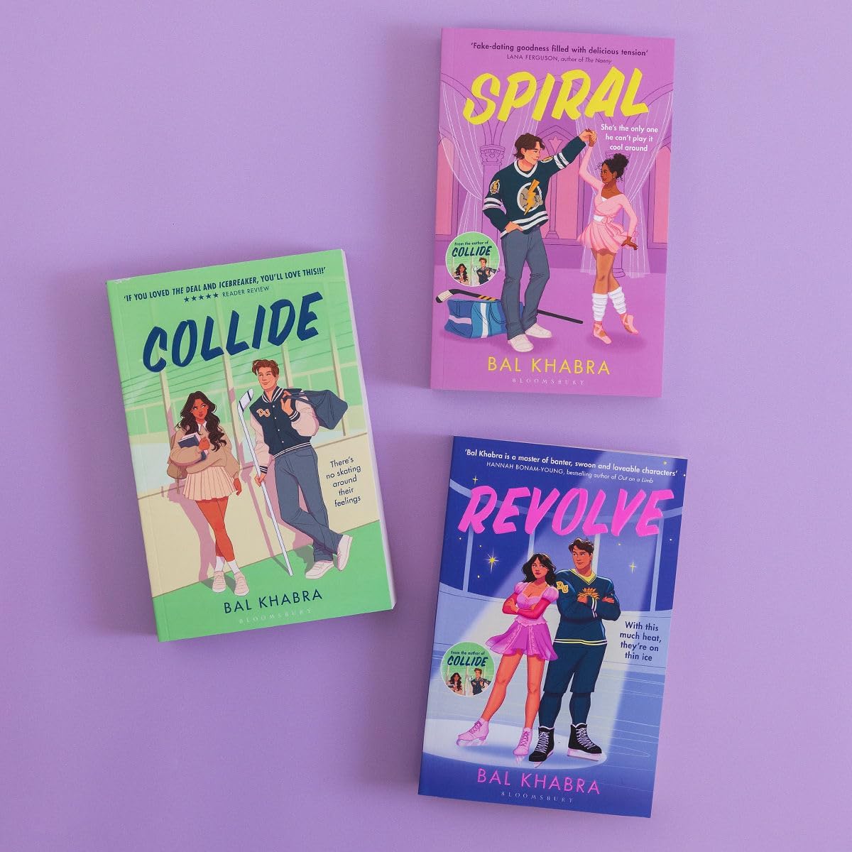 Off the Ice trilogy covers by Bal Khabra - Collide, Spiral and Revolve paperback books
