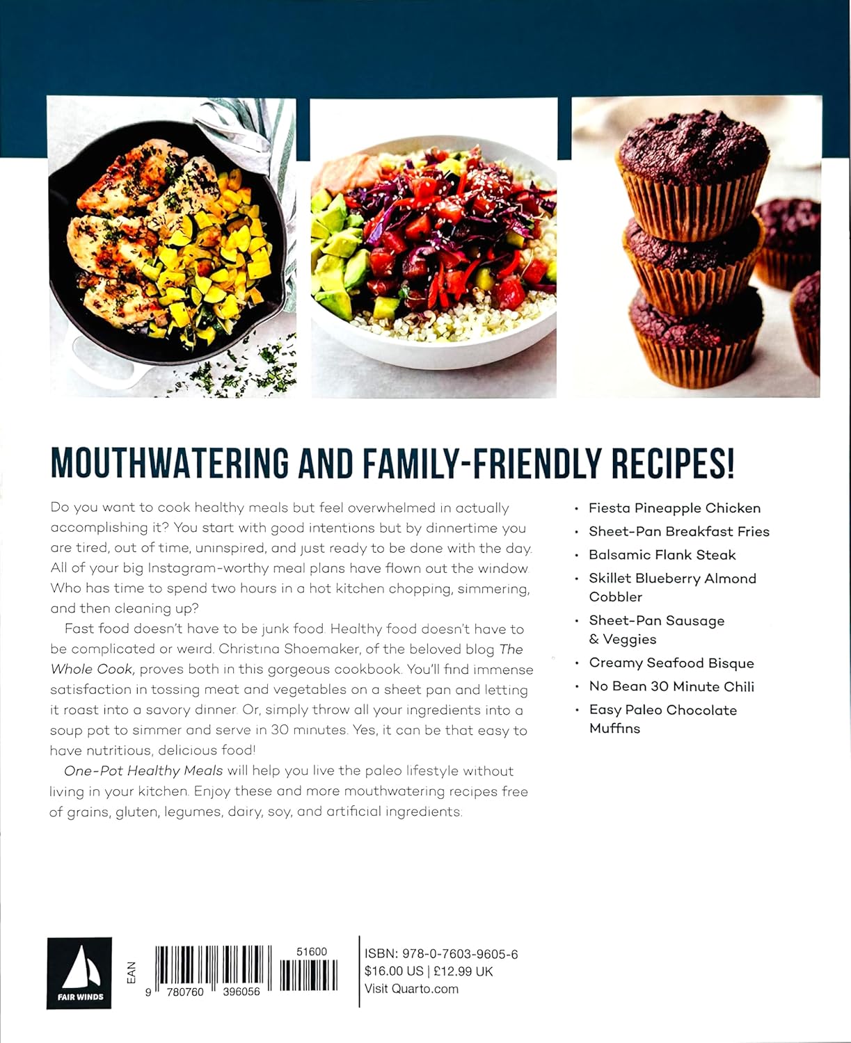 One Pot Healthy Meals by Christina Shoemaker - paperback cookbook back cover