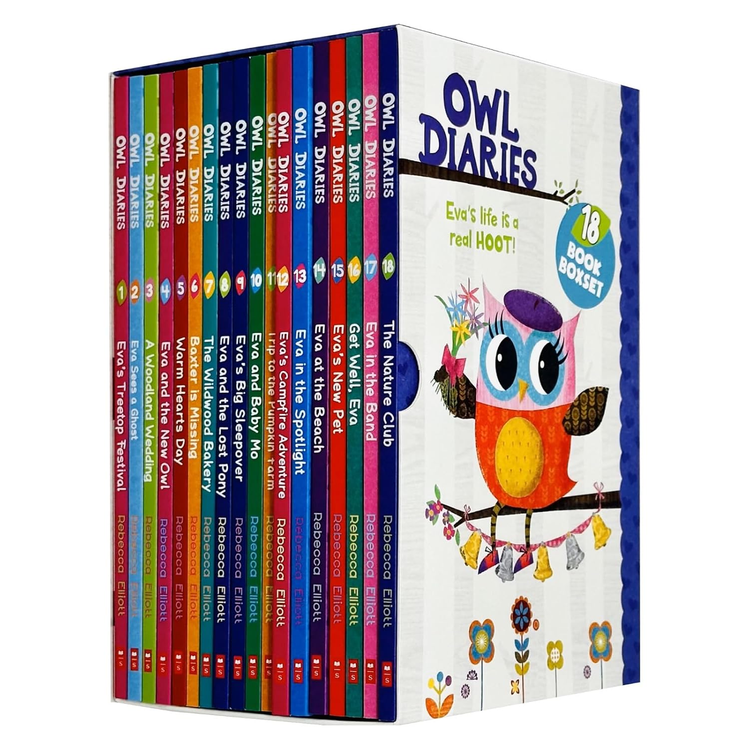 Owl Diaries Collection paperback box set by Rebecca Elliott showing all 18 book covers for early readers
