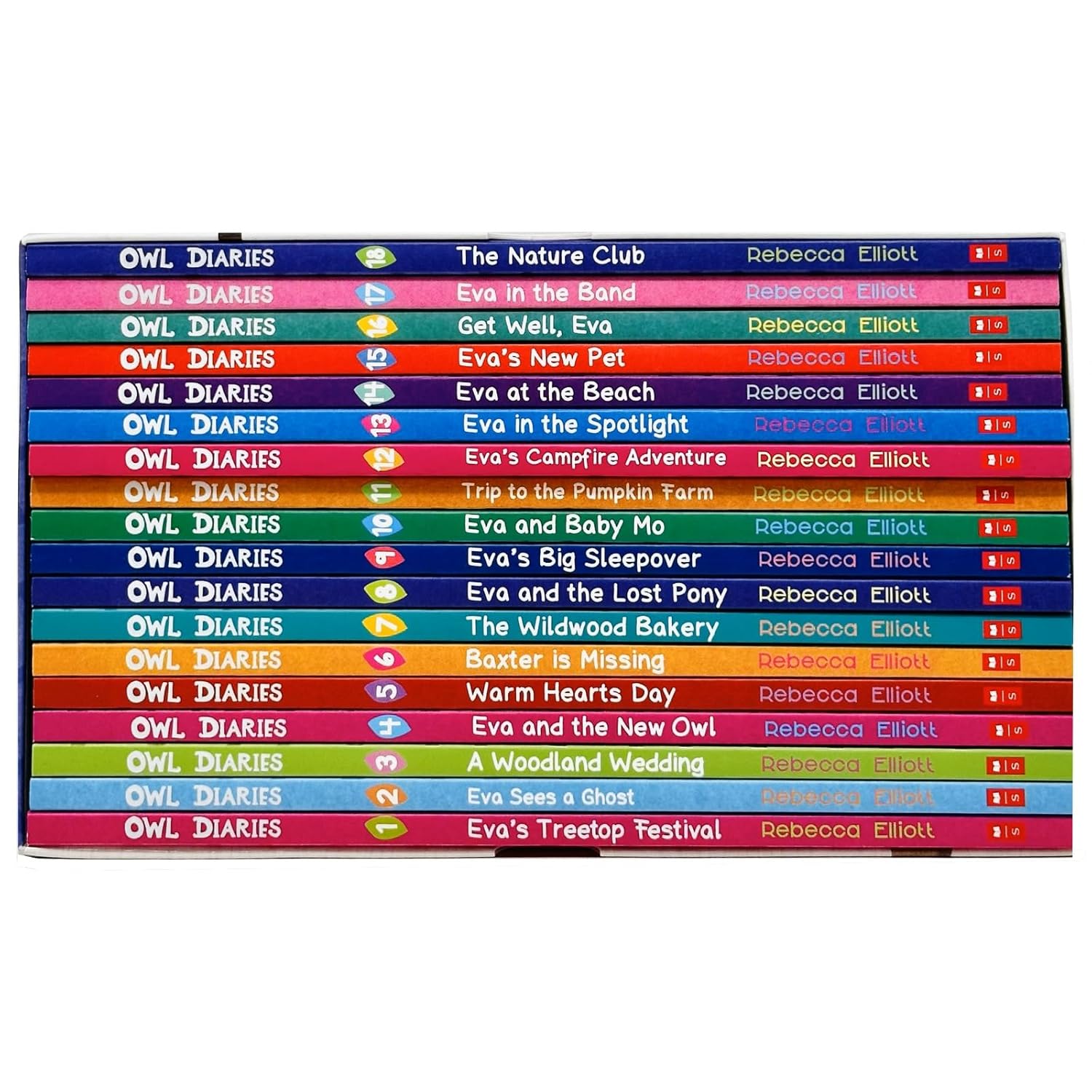 Owl Diaries 18 book set by Rebecca Elliott - close up of paperback chapter books for children ages 5-7