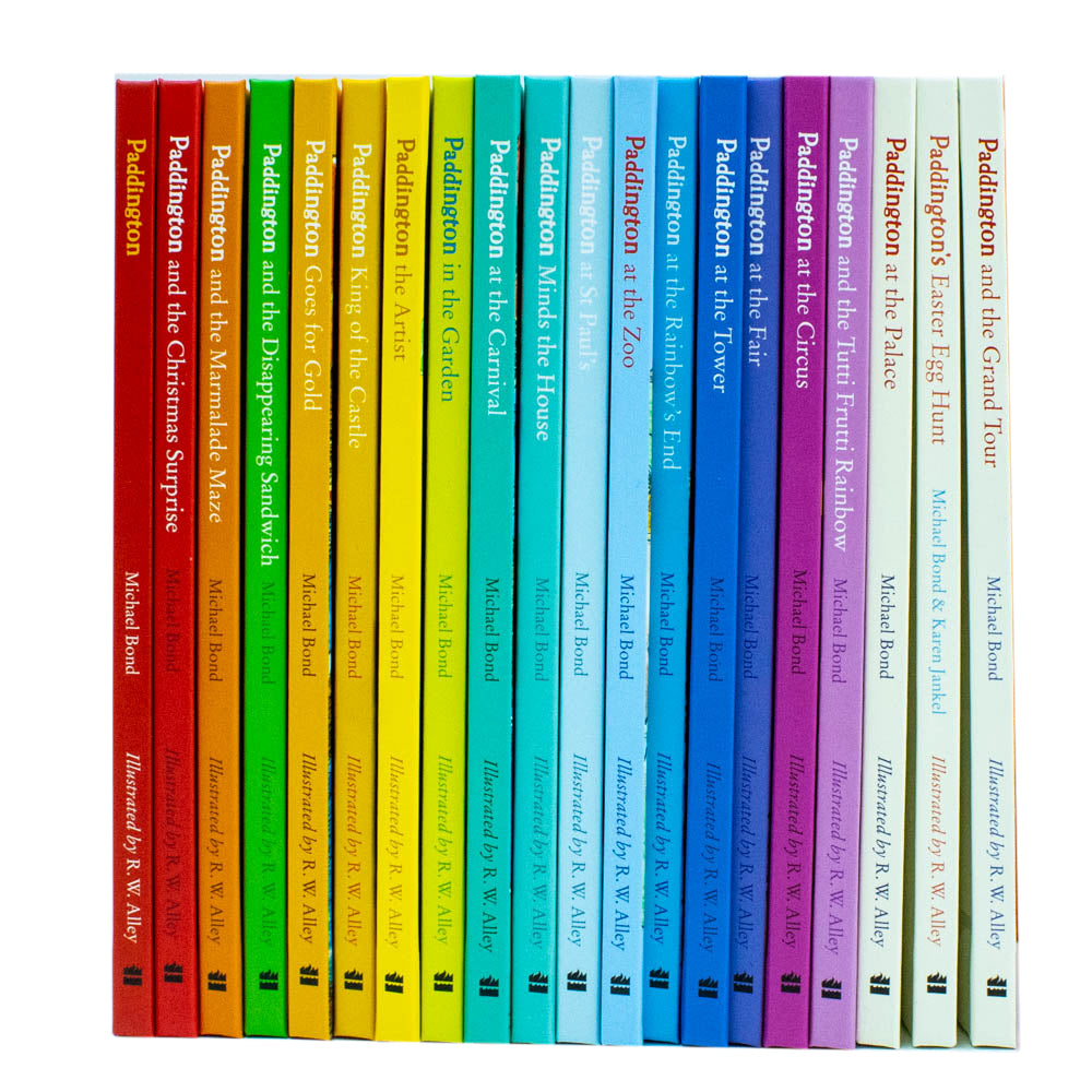 Paddington books laid out showing colourful illustrated covers, Ages 3-7 paperback set