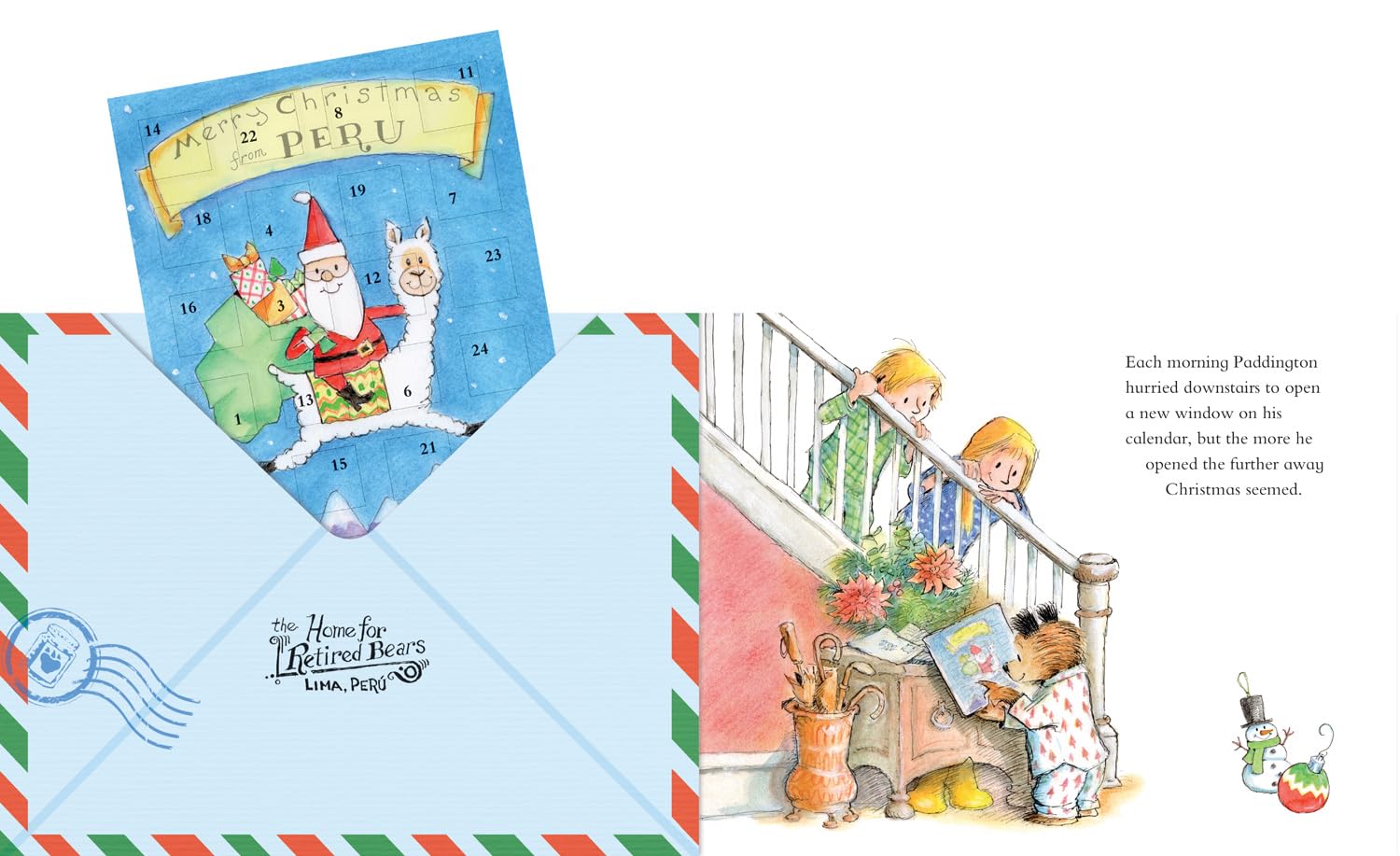 Paddington's Christmas Post page showing bear-shaped Christmas tree decoration envelope