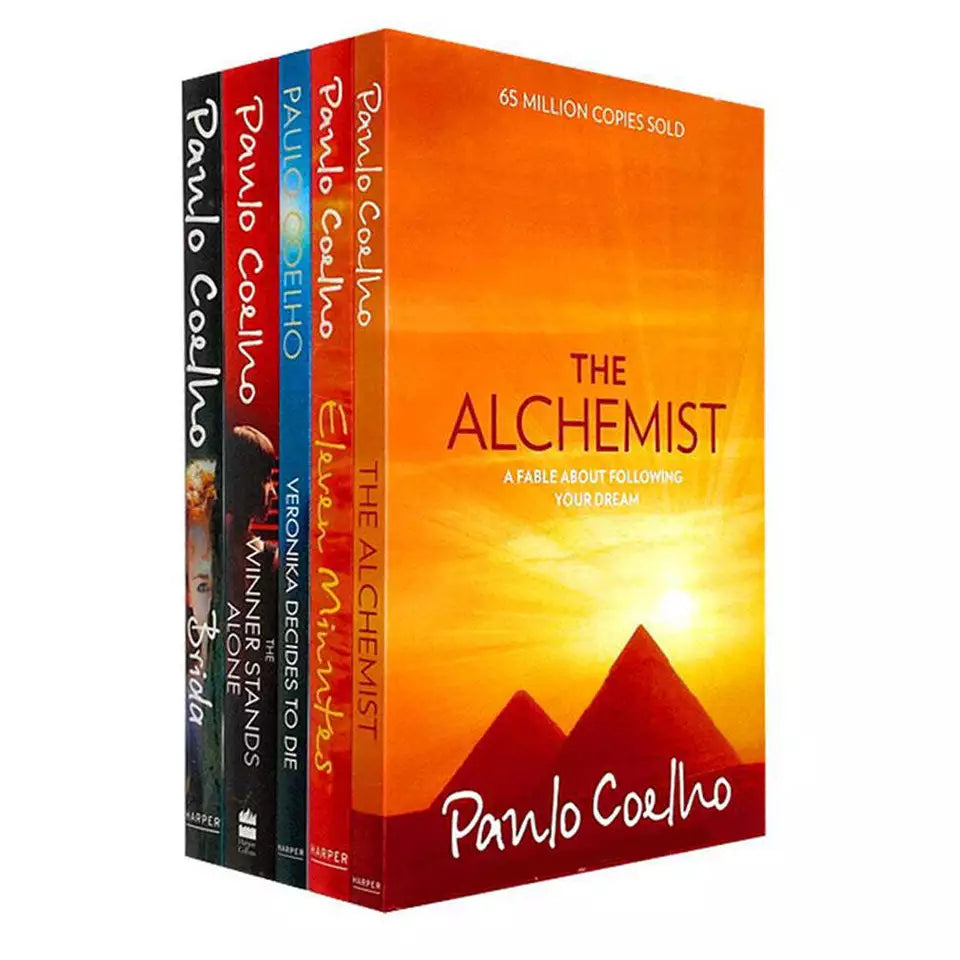 Paulo Coelho 5 Book Paperback Collection Set showing individual book covers - The Alchemist, Brida, Eleven Minutes