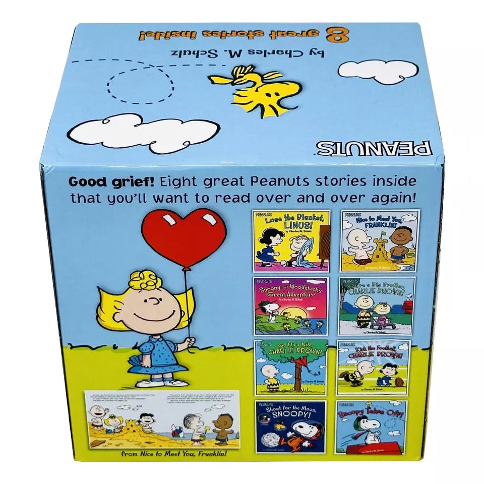 Peanuts board book collection by Charles M. Schulz showing all 8 titles including Snoopy Takes Off! and Shoot for the Moon, Snoopy!