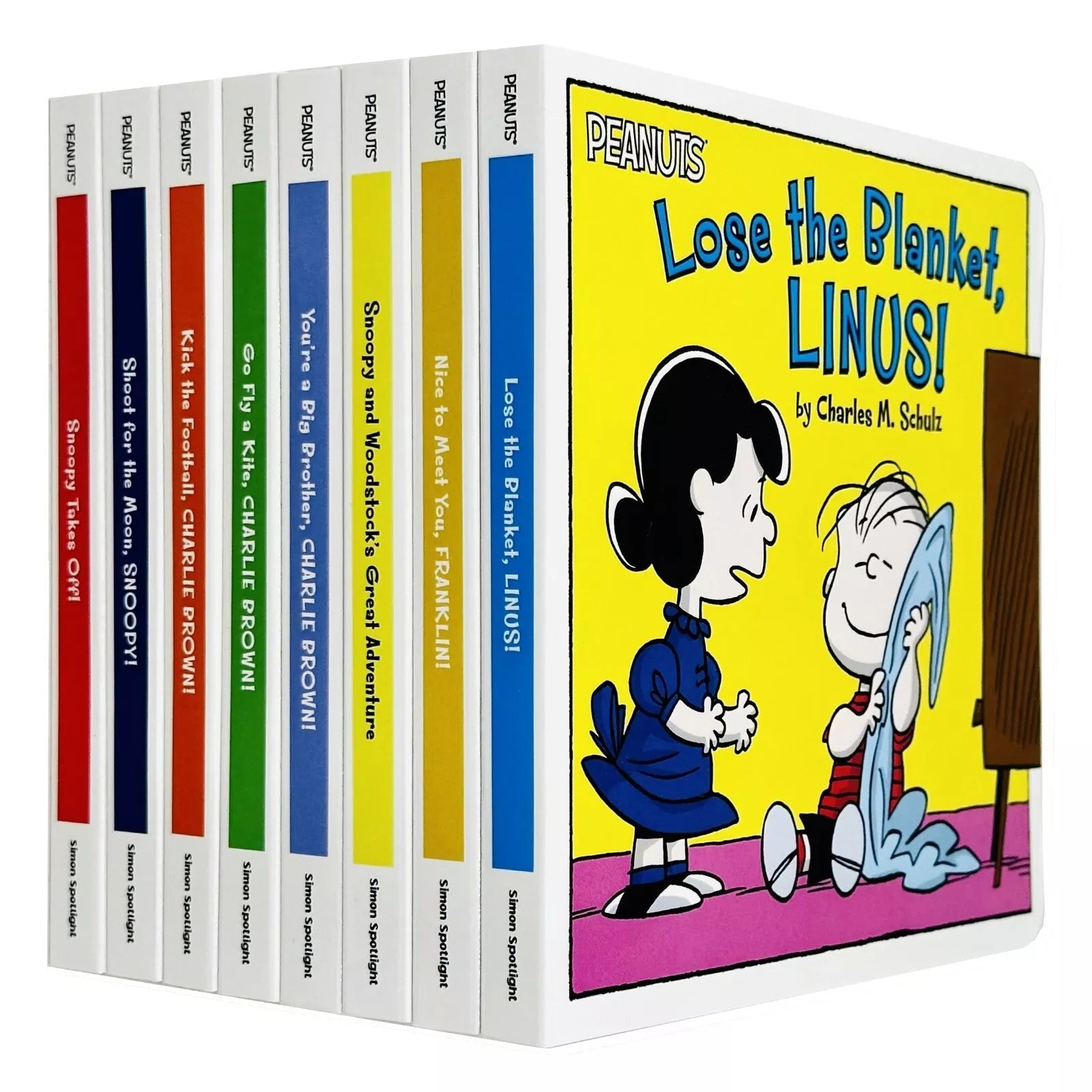 Peanuts 8 board book box set front cover, Charles M. Schulz, Snoopy Takes Off! and Charlie Brown gang, ages 3-5