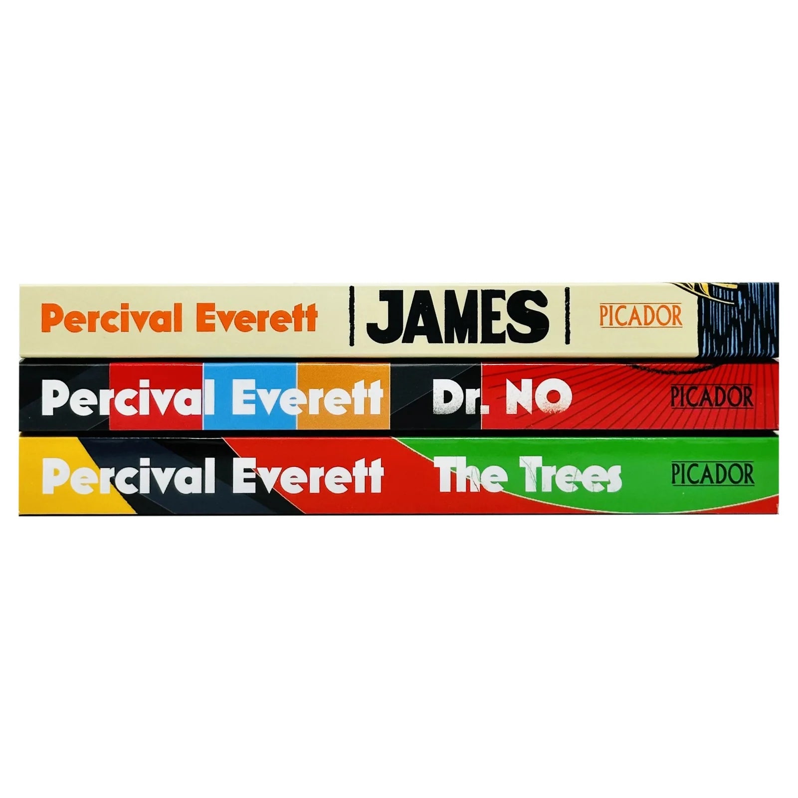 Hardback covers of Dr. No, The Trees and James by Percival Everett