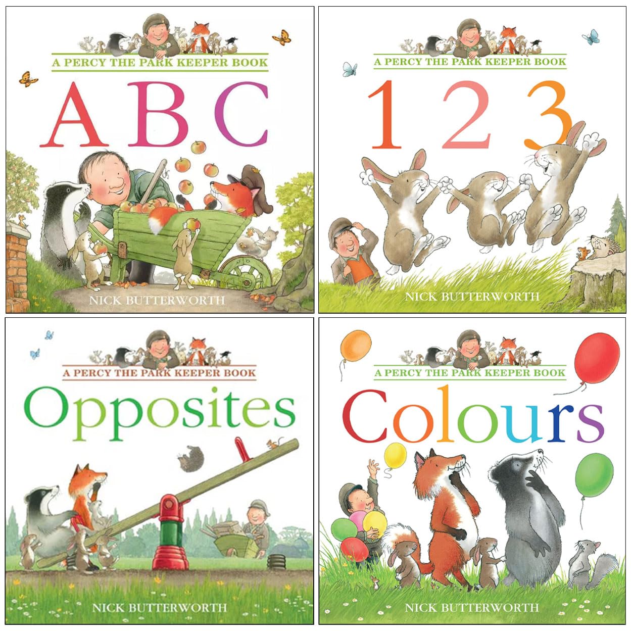 Percy the Park Keeper Early Learning 4 Book Set by Nick Butterworth - ABC, 123, Colours, Opposites - Paperback set cover