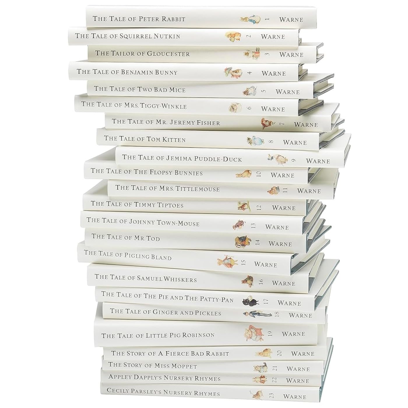 The World of Peter Rabbit 23-book hardback set displayed on a nursery bookshelf