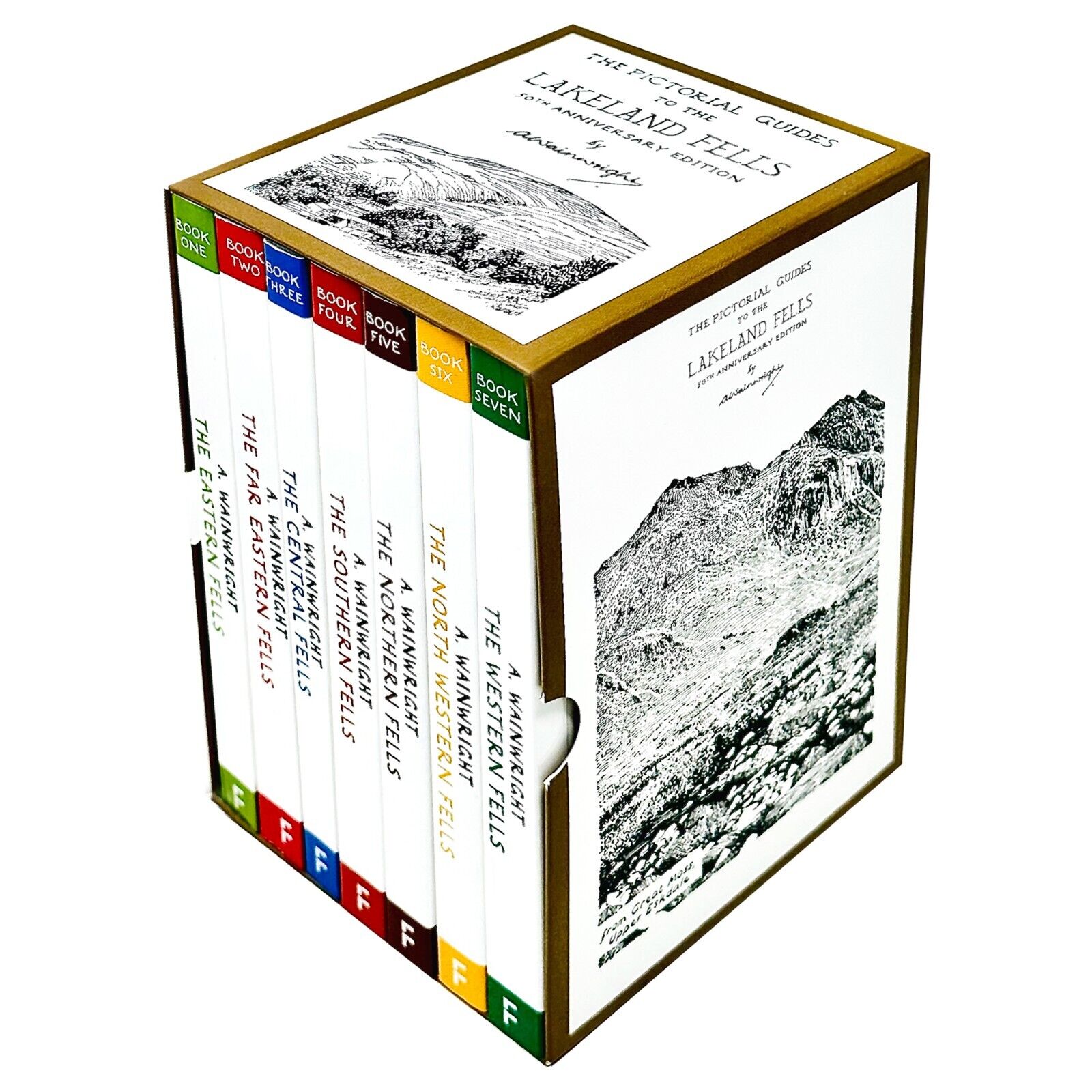 Pictorial Guides to the Lakeland Fells box set showing all seven Wainwright paperback volumes