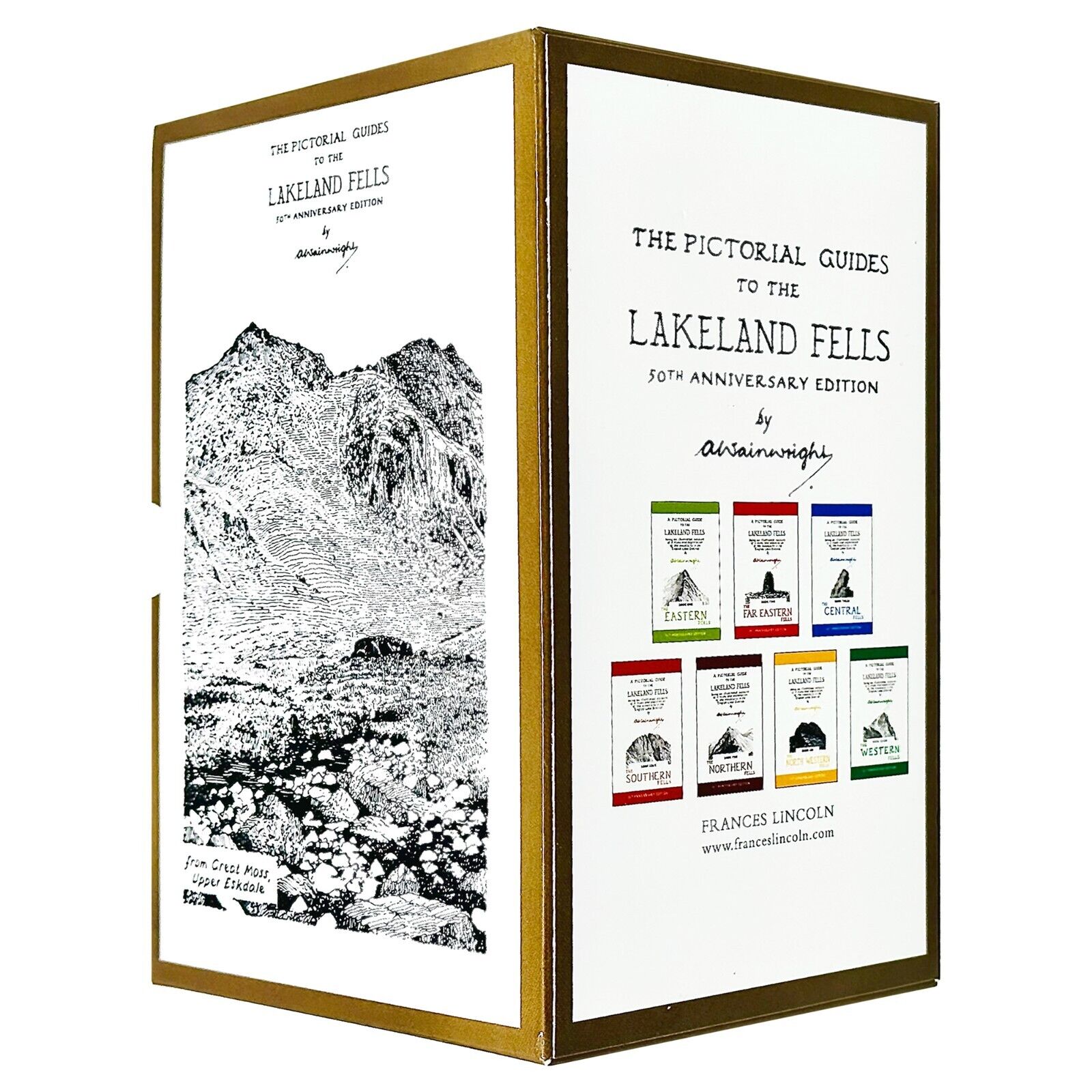 Close-up of Pictorial Guides to the Lakeland Fells paperback set spines by Alfred Wainwright