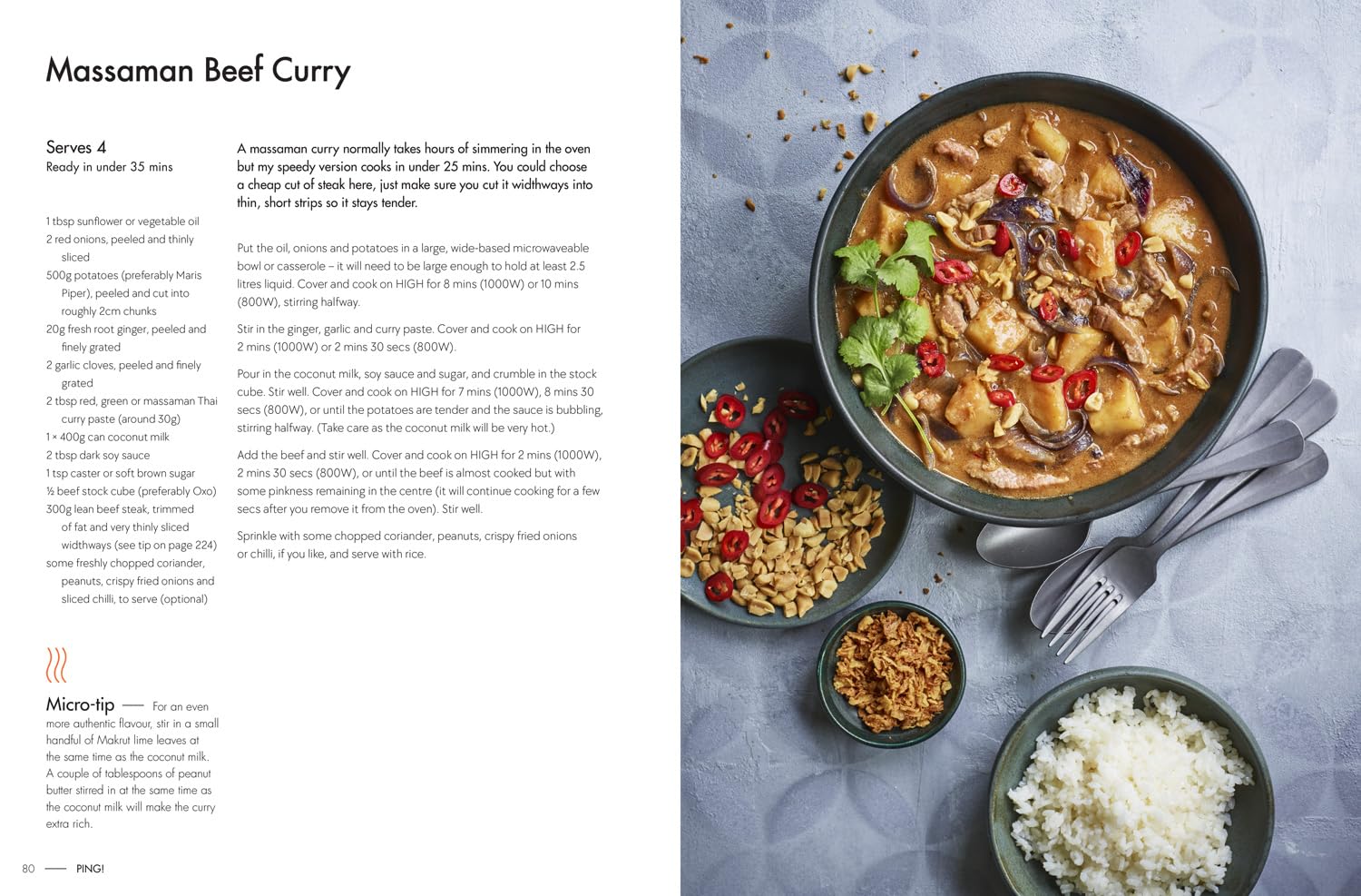 PING! by Justine Pattison - microwave cookbook hardback back cover with recipe details