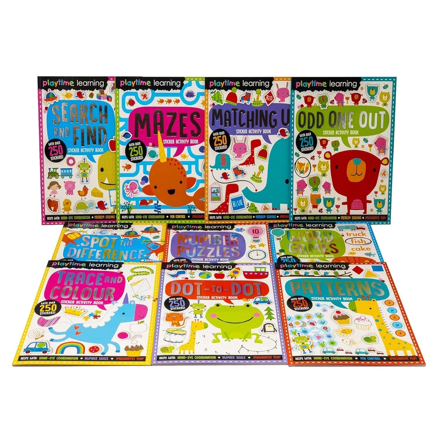 Playtime Learning sticker activity book set open pages showing stickers and puzzles - Ages 4+