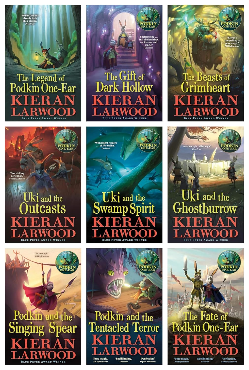 Cover artwork for The World of Podkin One-Ear 9-book paperback set by Kieran Larwood, ages 8-12 fantasy adventure