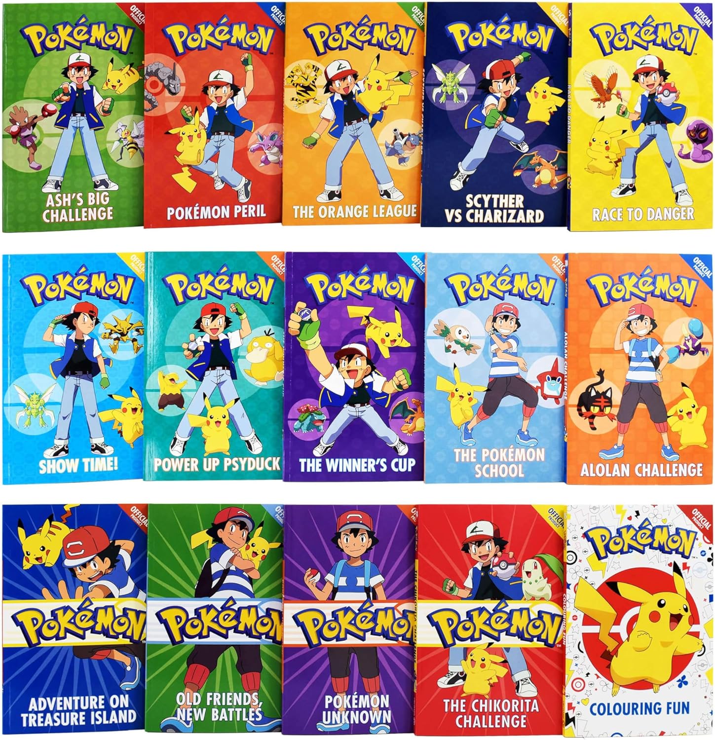 Pokémon 14 book paperback box set showing spines of all titles including Race to Danger, Show Time and Power Up Psyduck
