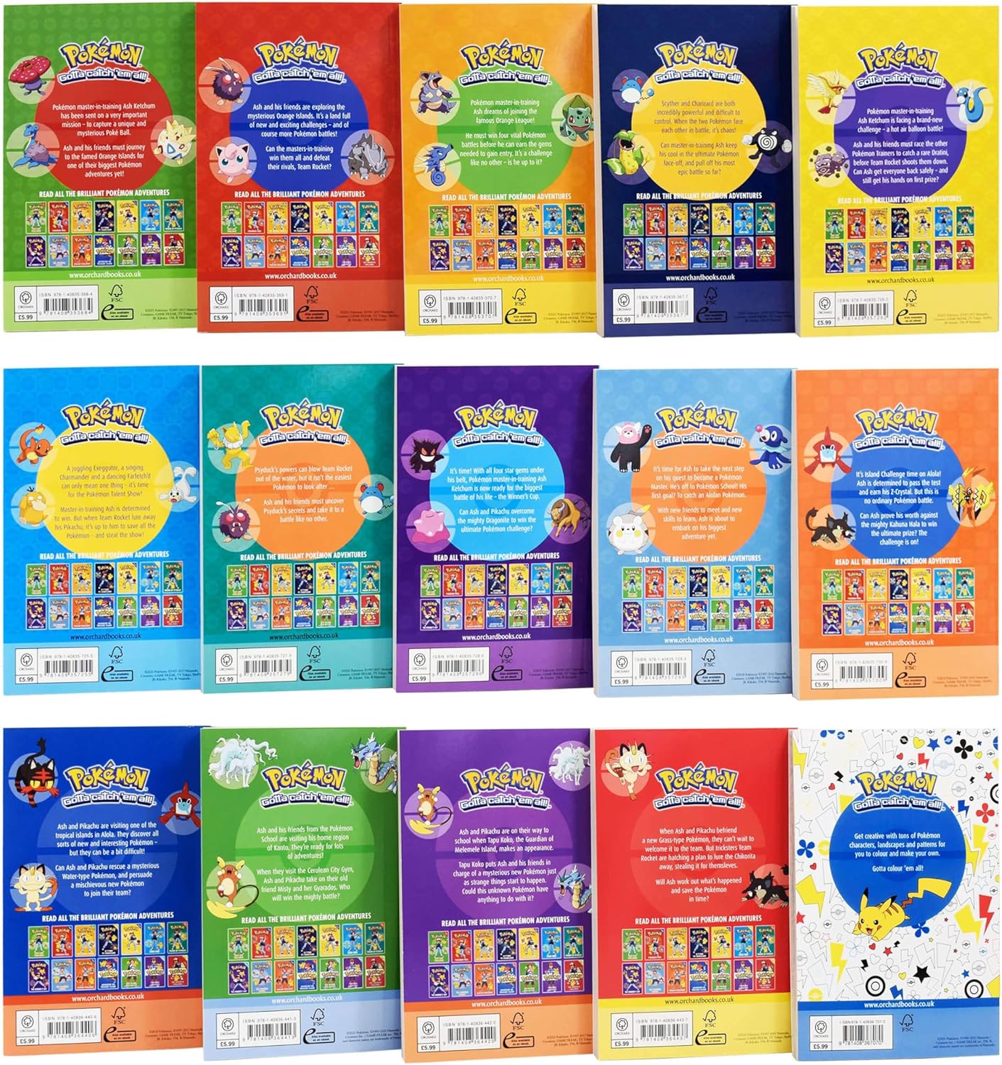 Stacked paperback books from the Pokémon Ultimate Chapter Book Collection Series 1-14 Box Set for ages 7-9