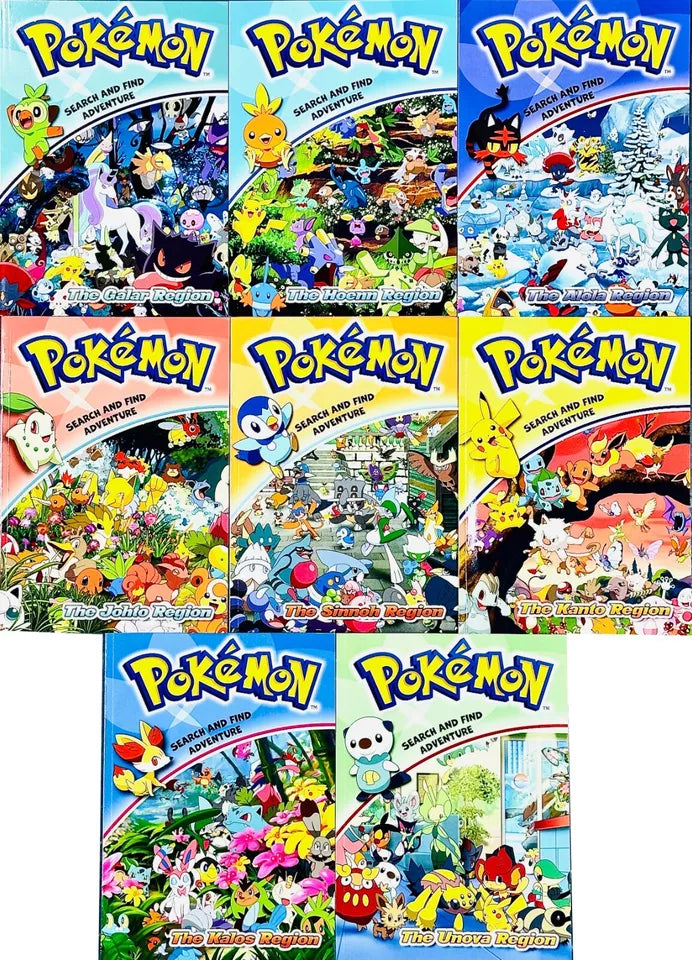 Pokémon Search and Find Adventure 8 Books Set showing Alola, Kanto, Unova, Kalos, Sinnoh, Johto, Hoenn and Galar region titles - Paperback