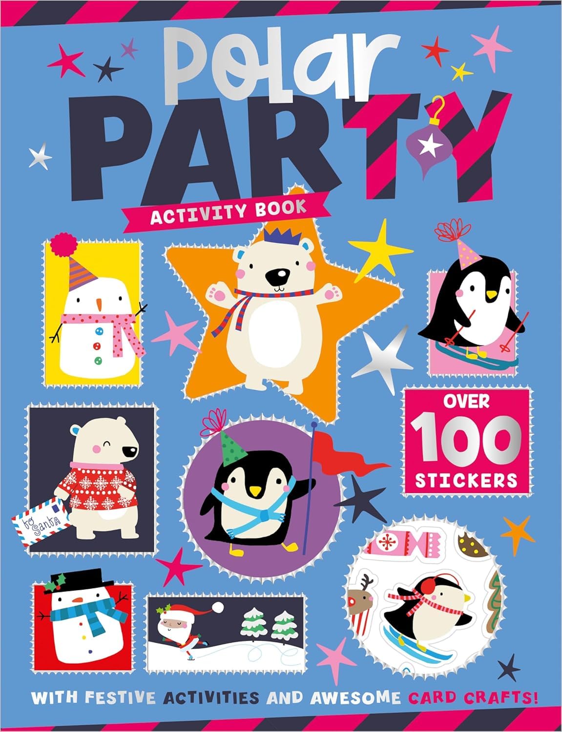 Polar Party Christmas Activity Book cover - festive puzzles and stickers for young children
