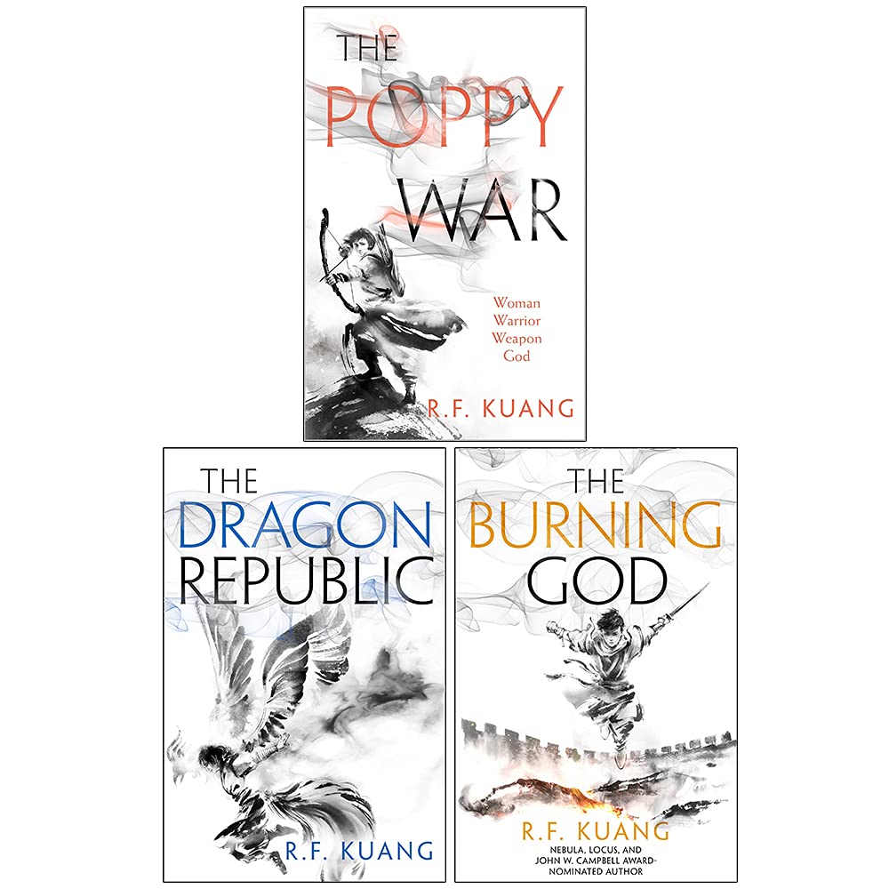 Poppy War trilogy paperback box set by R.F. Kuang - epic fantasy books cover artwork