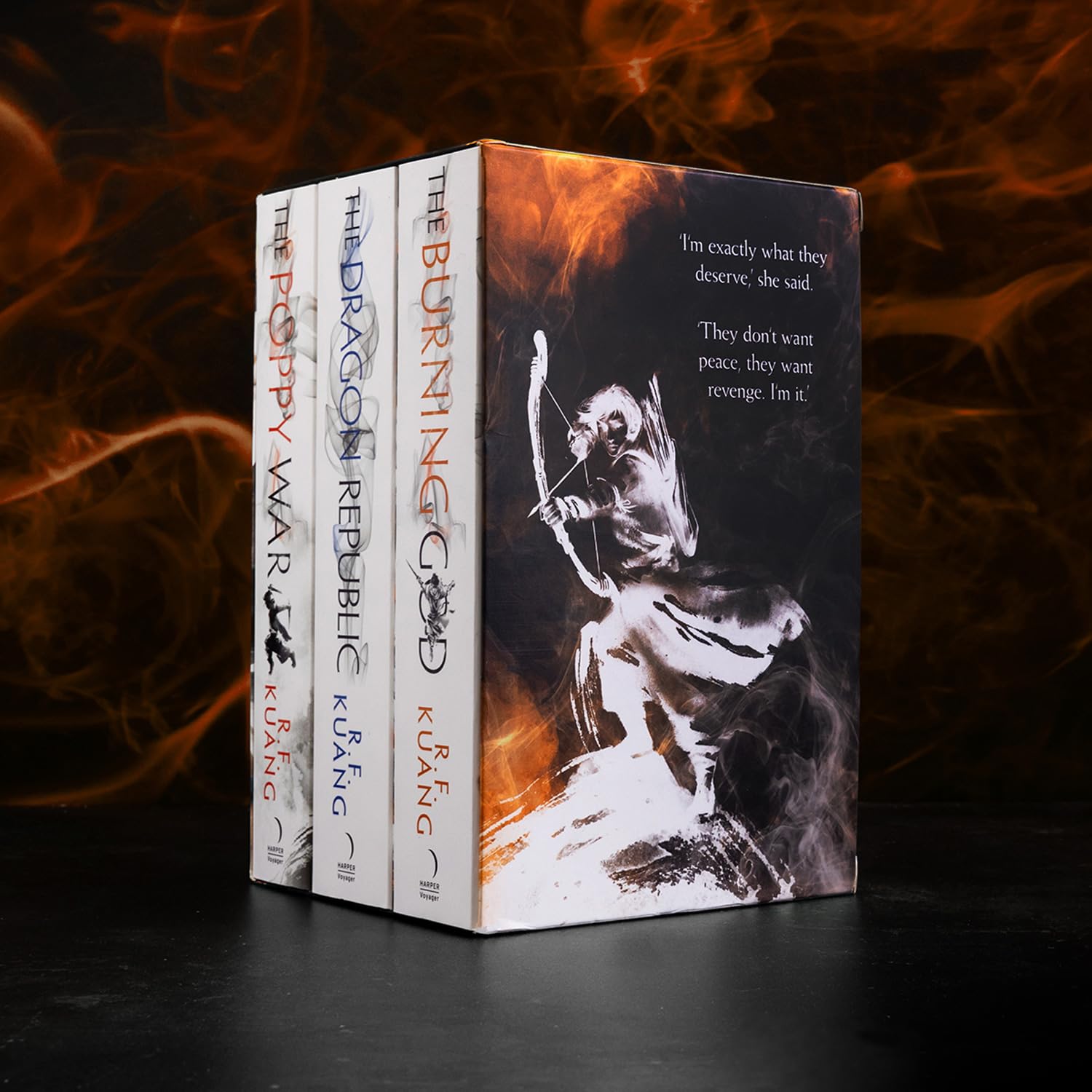 The Poppy War, The Dragon Republic and The Burning God paperback boxset by R.F. Kuang, angled view