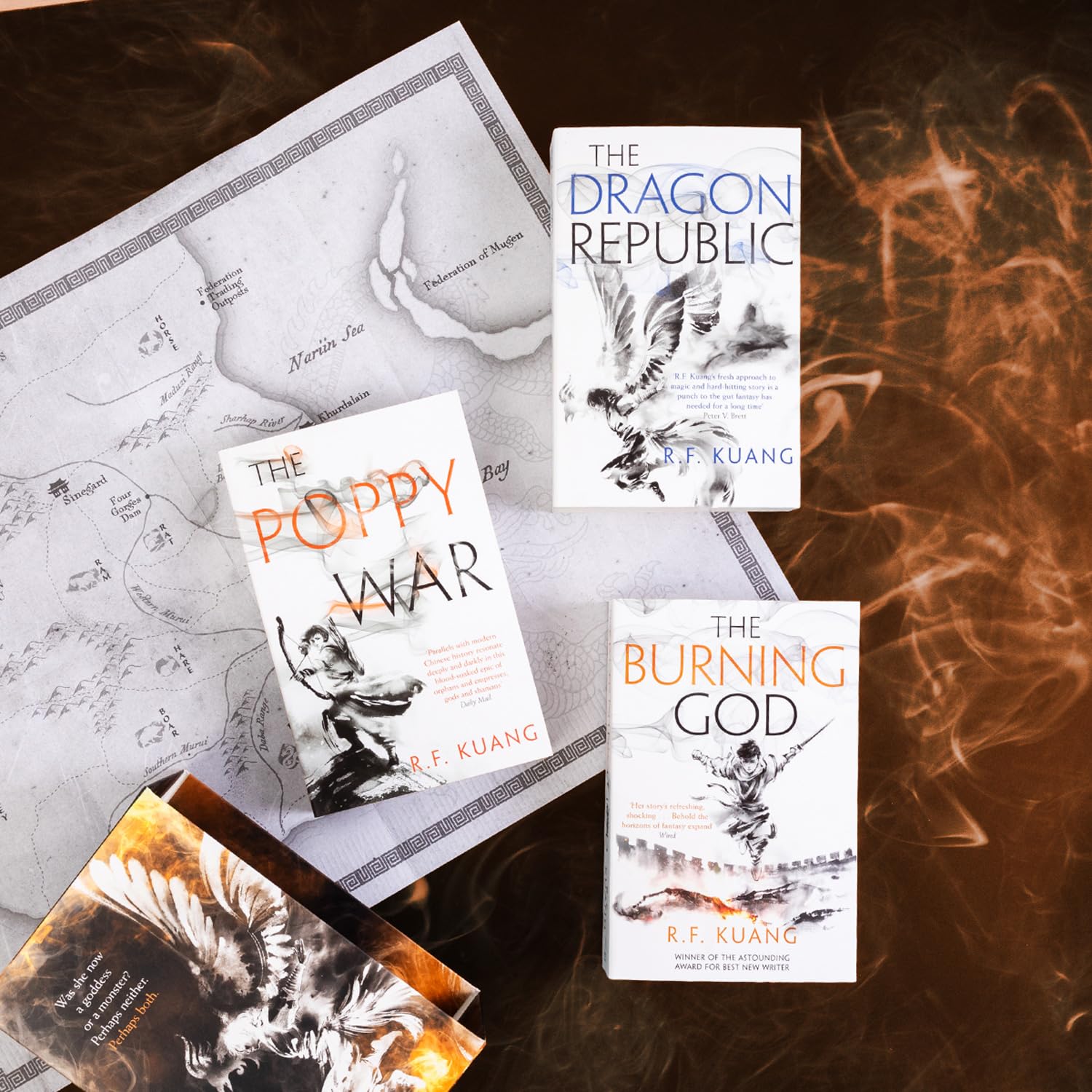 Poppy War trilogy 3 book paperback set by R.F. Kuang showing book spines