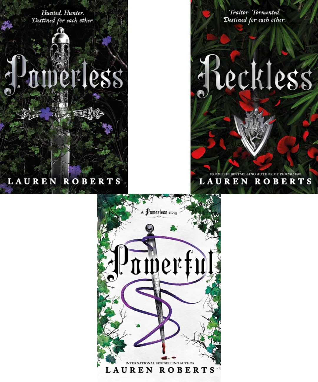Close-up of Powerless, Powerful and Reckless paperback covers - The Powerless Trilogy by Lauren Roberts