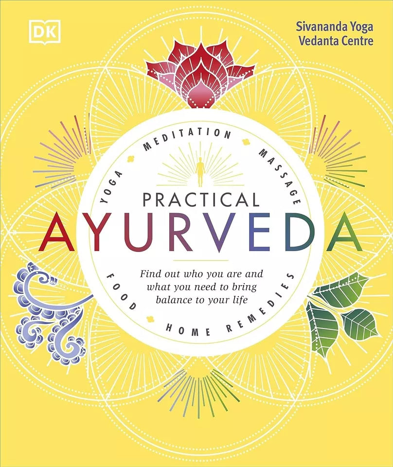 Back cover of Practical Ayurveda hardback by Sivananda Yoga Vedanta Centre - guide to doshas, diet, yoga and self care