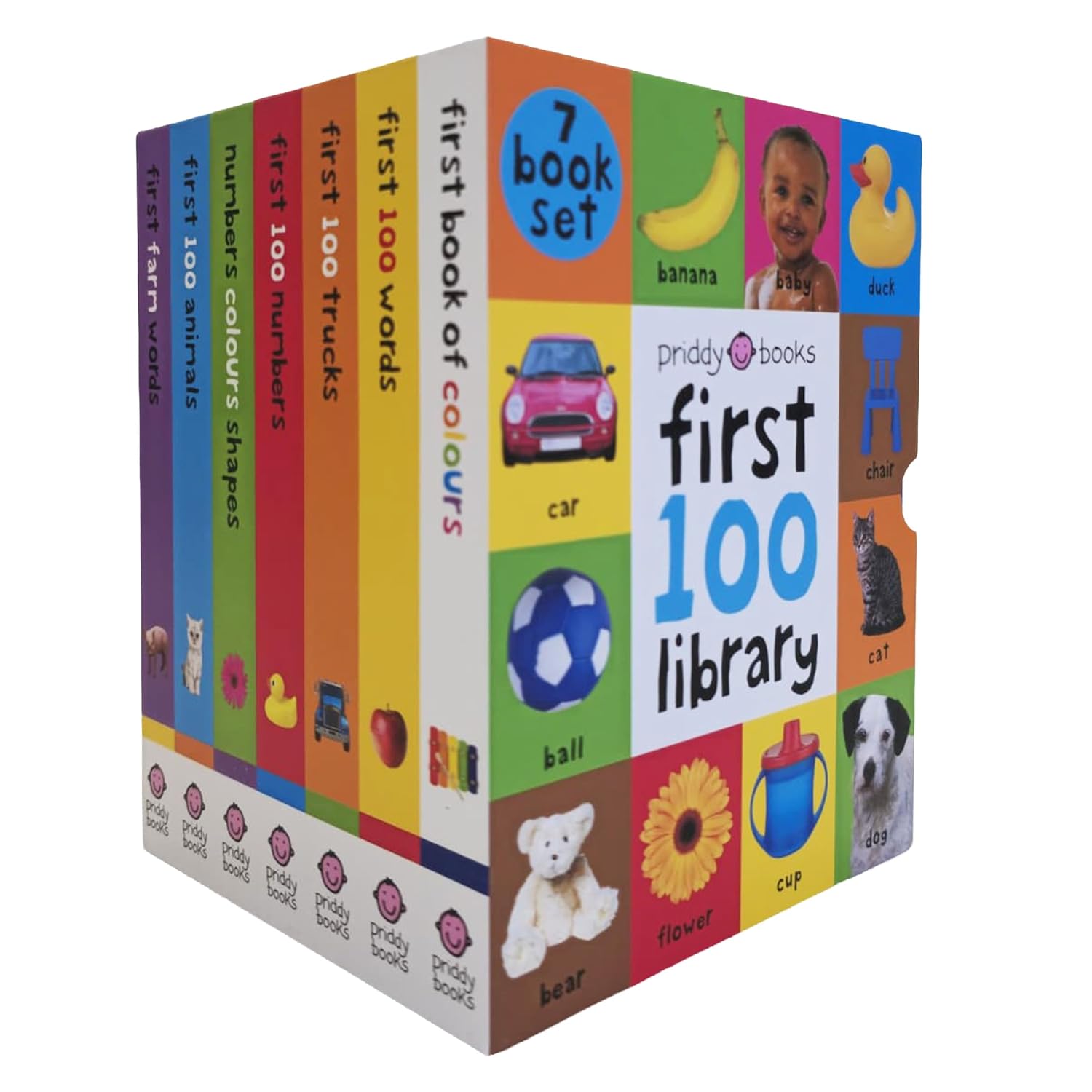 Priddy First 100 Library Collection board books showing First Words, First Numbers, First Animals and First Trucks titles