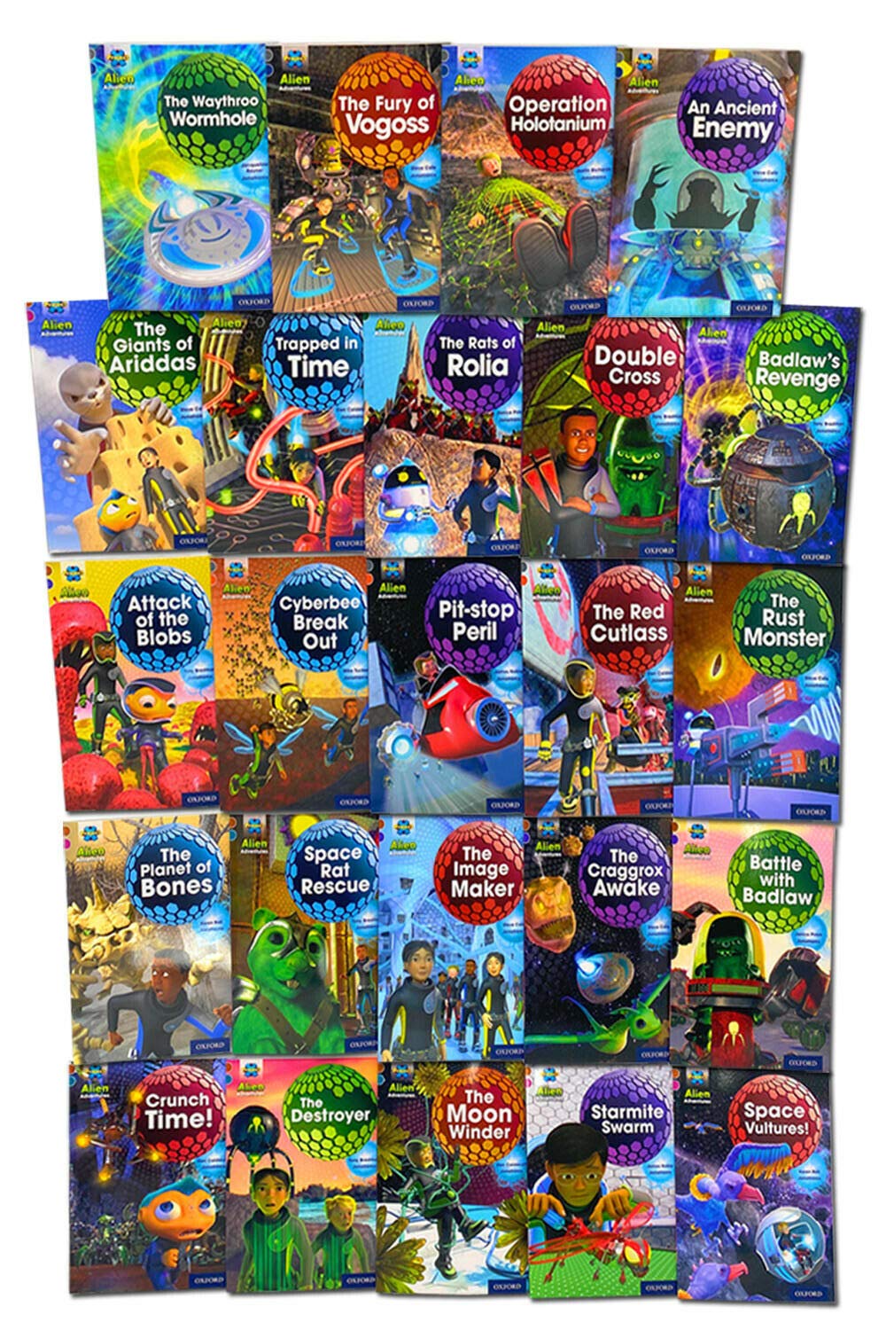 Close-up of Project X Alien Adventures 25 book paperback collection set for children aged 7-11