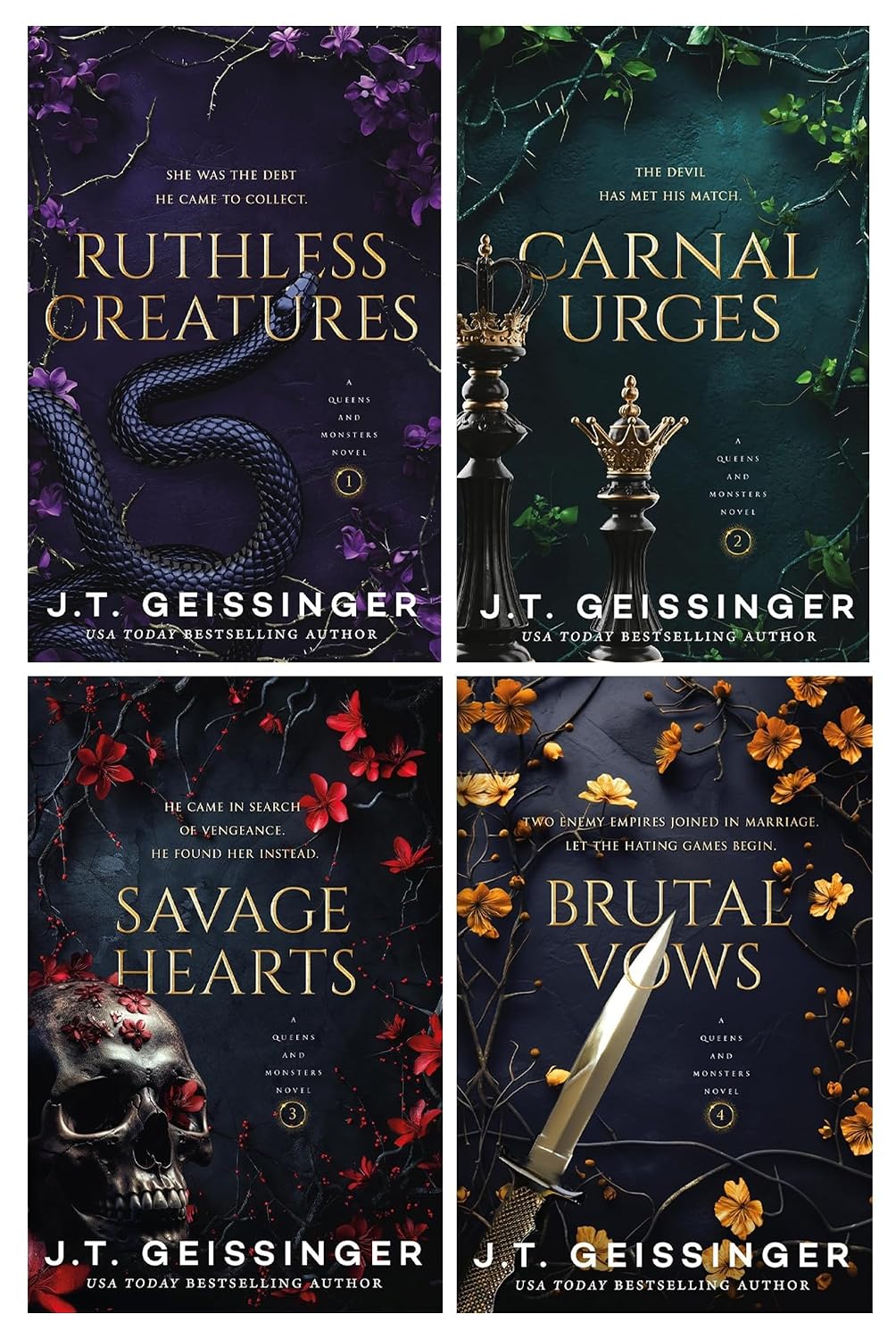 Queens and Monsters series by J.T. Geissinger 4 books collection set paperback - Ruthless Creatures, Carnal Urges, Savage Hearts, Brutal Vows