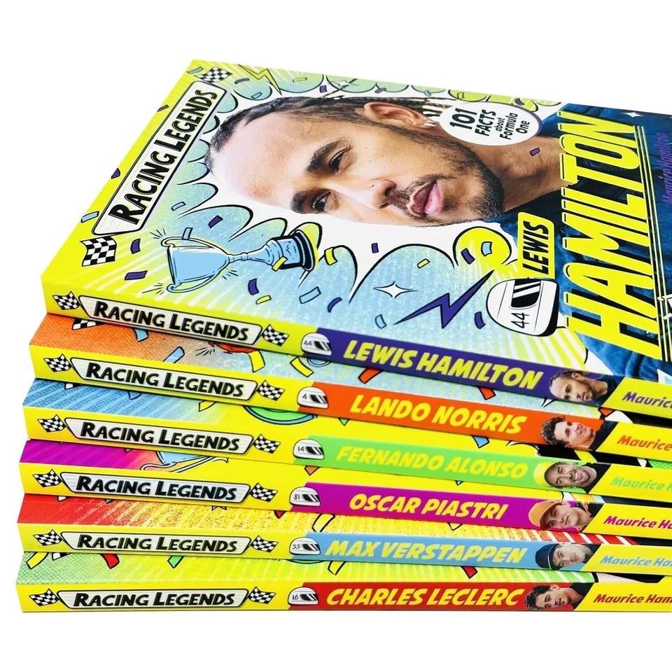 Racing Legends paperback book set by Maurice Hamilton showing Fernando Alonso and Charles Leclerc covers