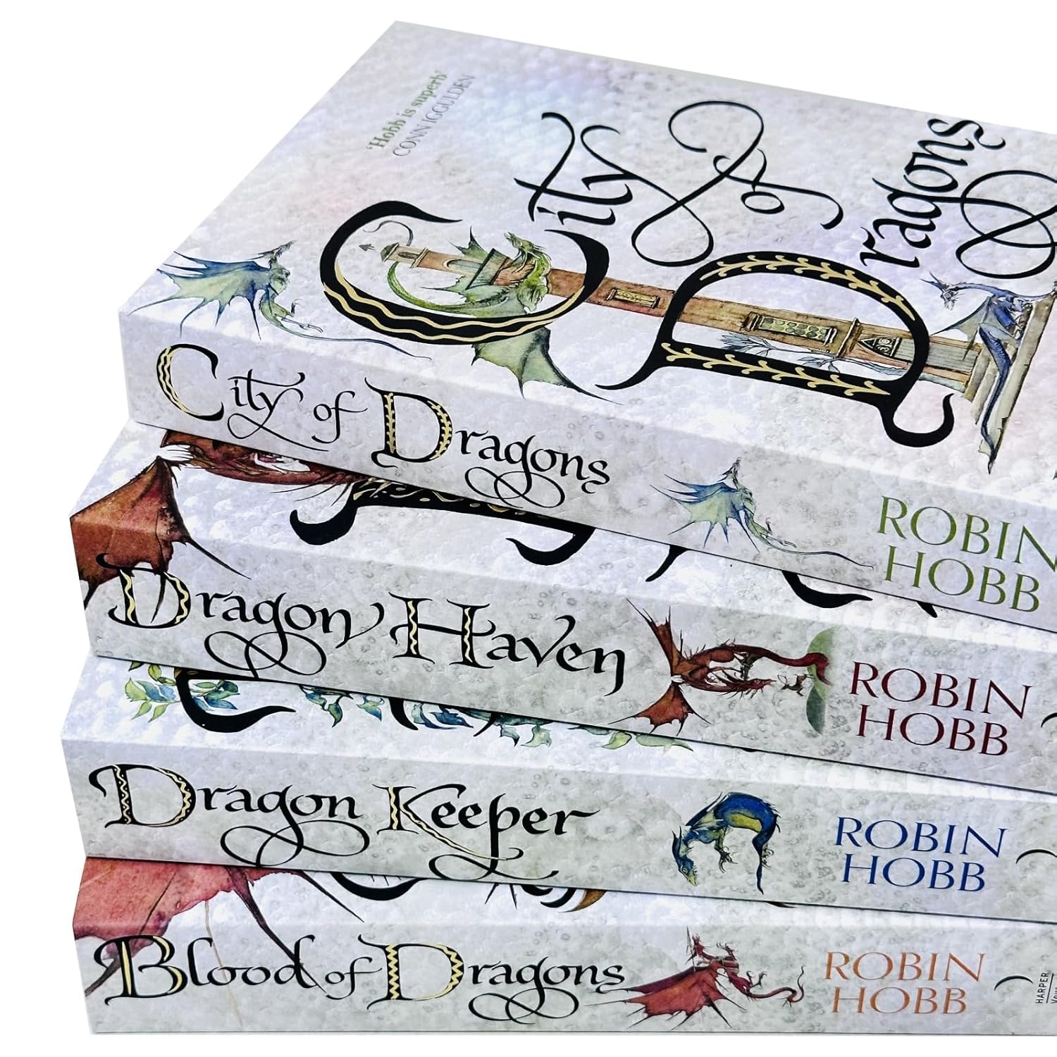 Dragon Keeper, Dragon Haven, City of Dragons and Blood of Dragons paperback covers by Robin Hobb