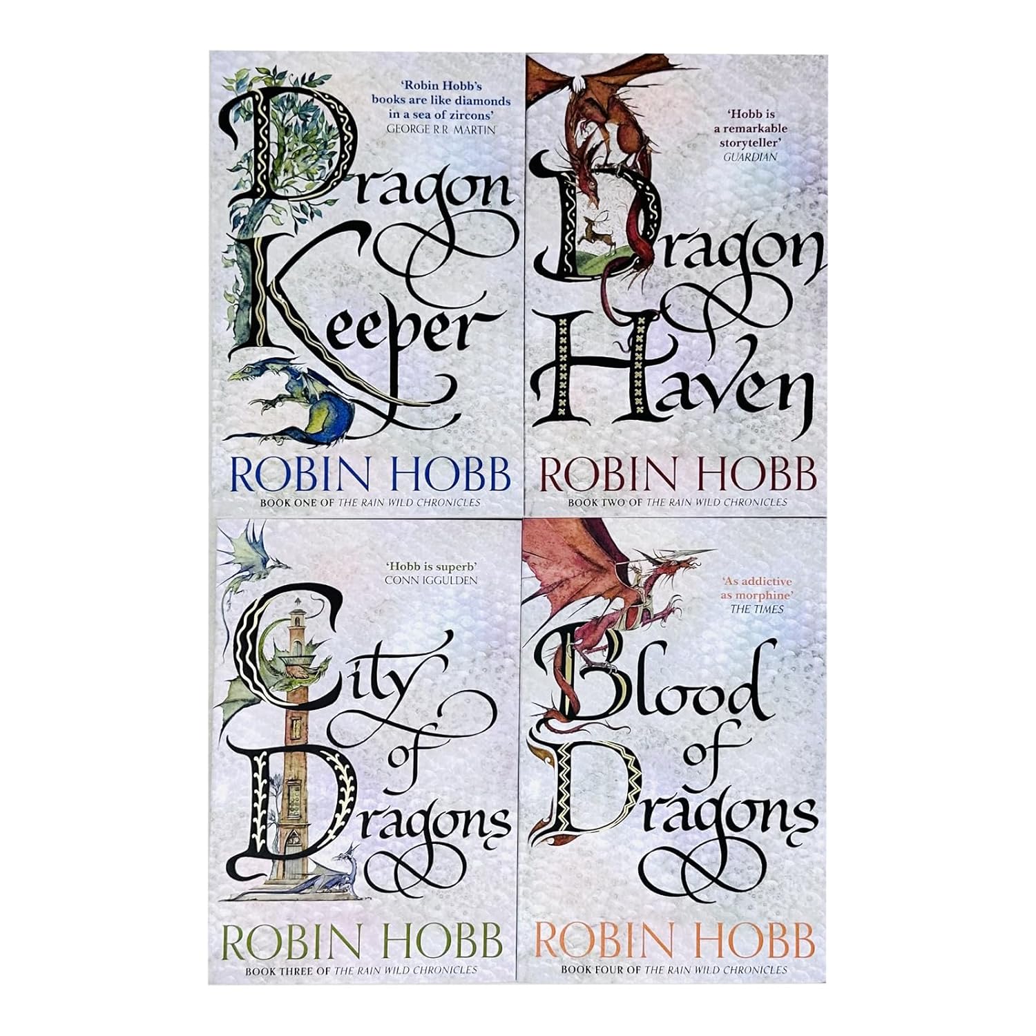 Close up of Rain Wild Chronicles paperback set spines by Robin Hobb