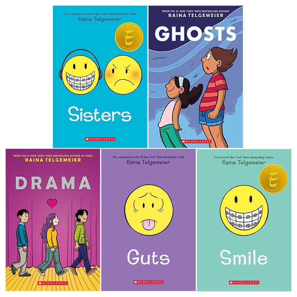 Raina Telgemeier 5 Book Paperback Collection - close-up of graphic novel set for middle-grade readers ages 9-12