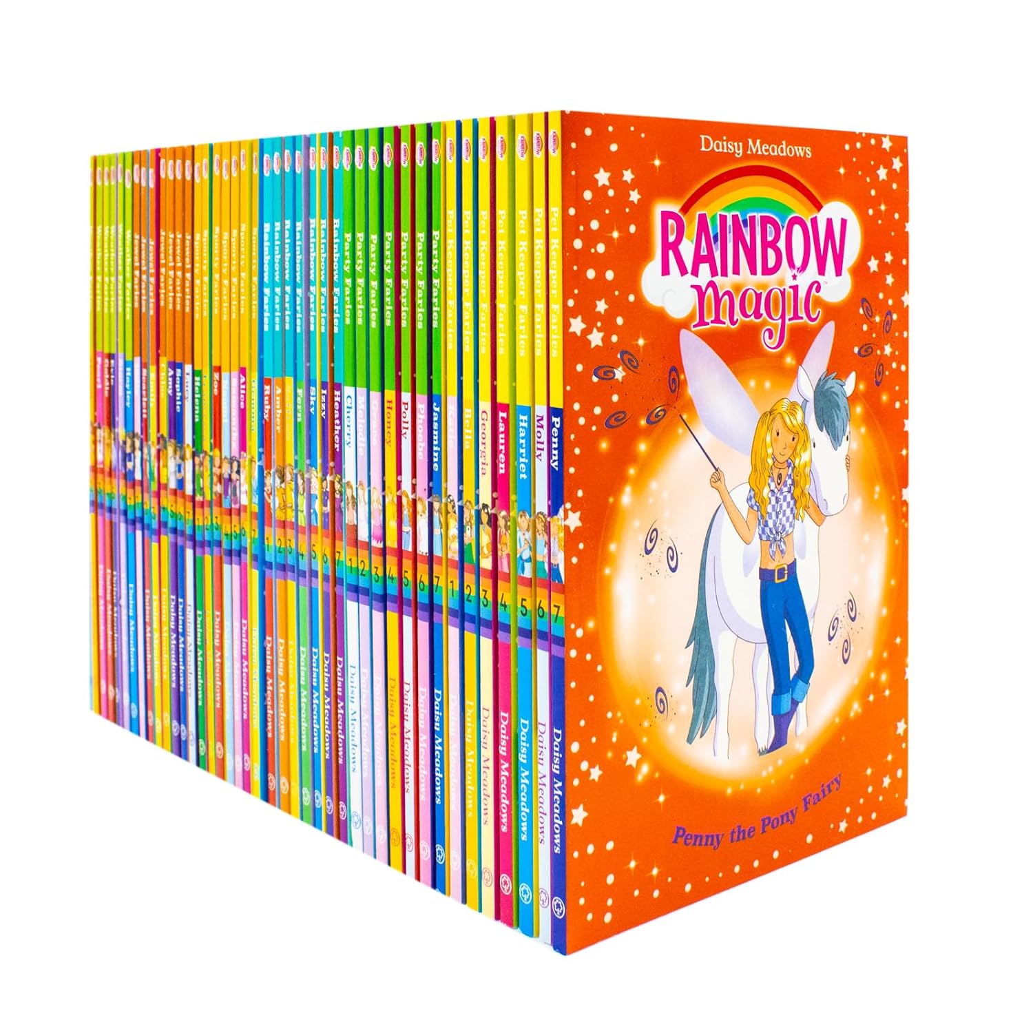Rainbow Magic paperback book set showing Rainbow Fairies and Party Fairies titles by Daisy Meadows