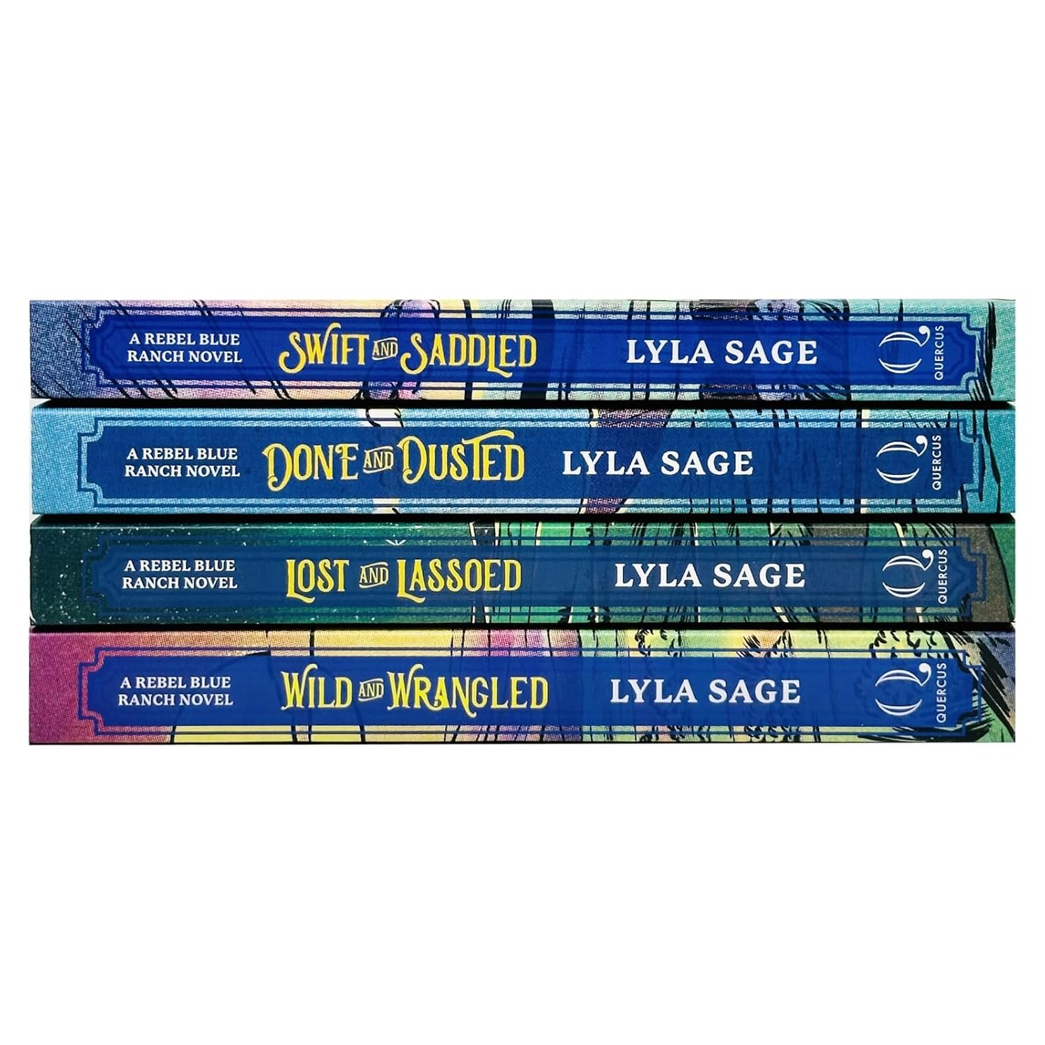 Rebel Blue Ranch series paperback books by Lyla Sage - Done and Dusted, Swift and Saddled, Lost and Lassoed, Wild and Wrangled
