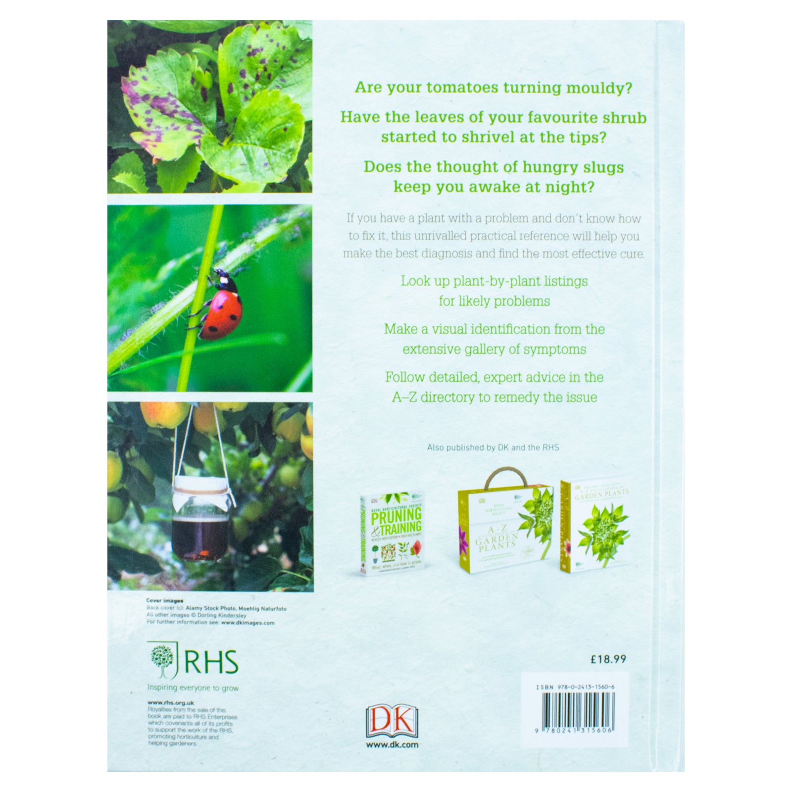 Inside pages of RHS Pests & Diseases New Edition showing plant-by-plant diagnosis listings