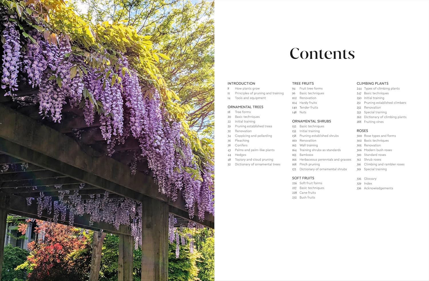 RHS Pruning and Training book spread showing A-Z plant pruning reference layout