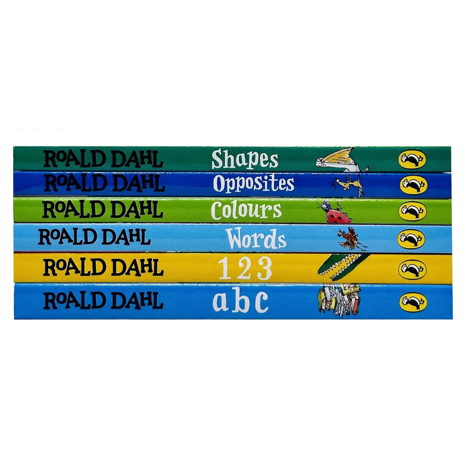 Roald Dahl Early Learning board books showing Shapes, Colours, Words, Opposites, ABC and 123 titles with Quentin Blake illustrations