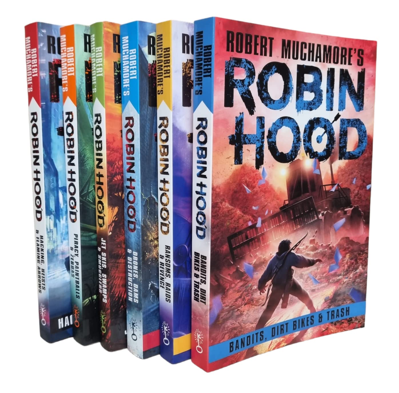 Robin Hood 6 book collection set by Robert Muchamore showing all titles including Hacking Heists and Flaming Arrows
