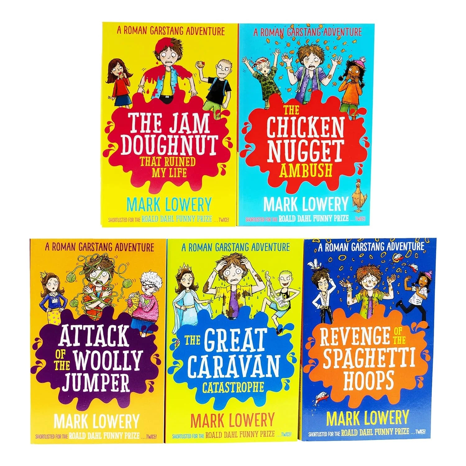 Roman Garstang Disasters 5 book paperback set by Mark Lowery showing The Jam Doughnut That Ruined My Life and other titles