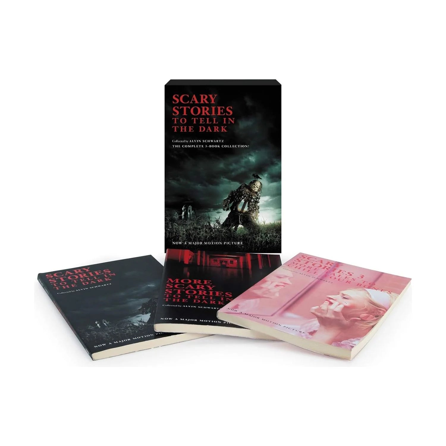 Scary Stories to Tell in the Dark 3-Book Paperback Box Set by Alvin Schwartz, movie tie-in edition, ages 7-12, with Stephen Gammell illustrations