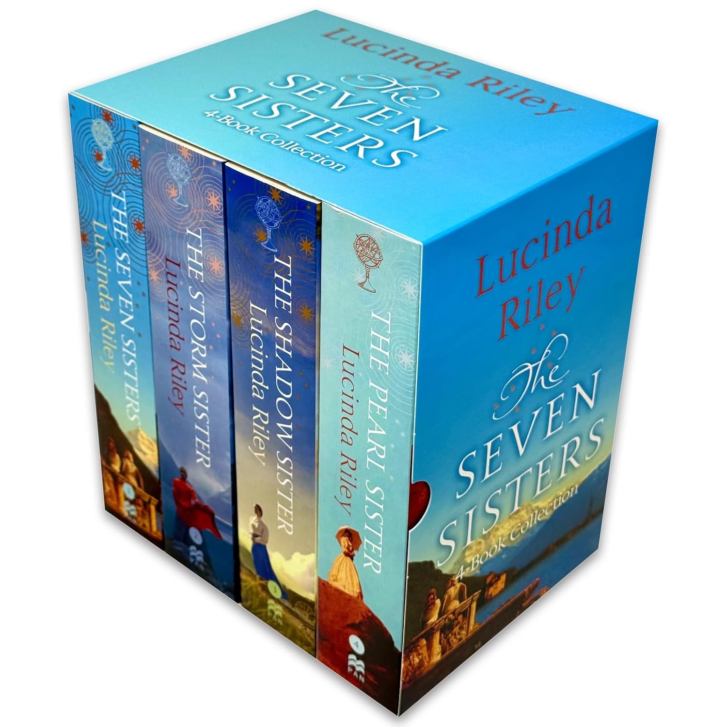 The Seven Sisters, Storm Sister, Shadow Sister and Pearl Sister paperback books stacked