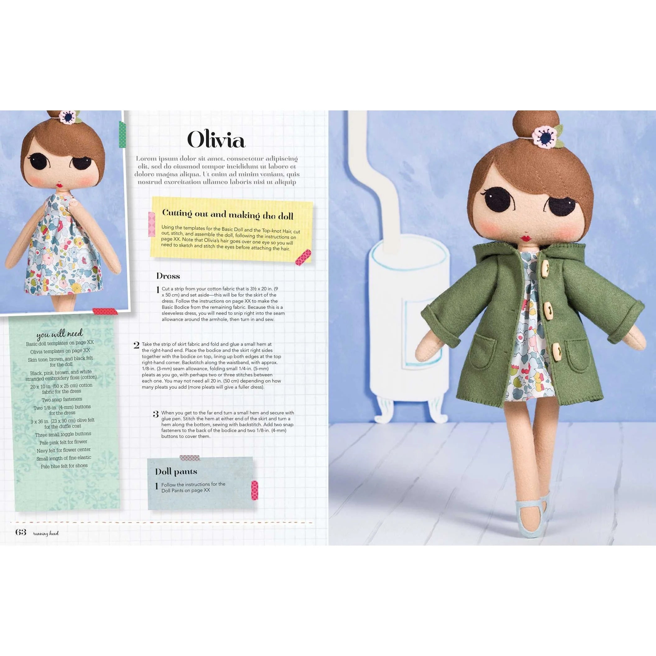 Sew Your Own Dolls by Louise Kelly interior page showing finished handmade fabric dolls with outfits