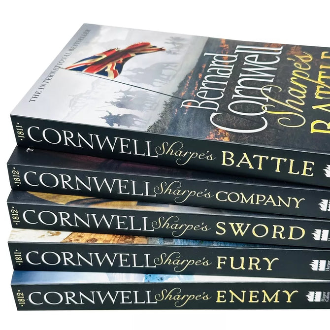Spines of the Sharpe Series 11-15 paperback book set by Bernard Cornwell, five Napoleonic War novels