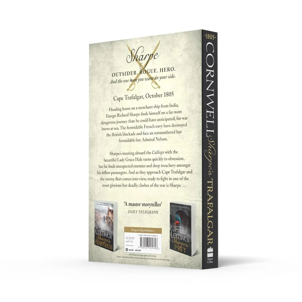 Sharpe's Trafalgar by Bernard Cornwell - paperback book side/edge view showing page thickness