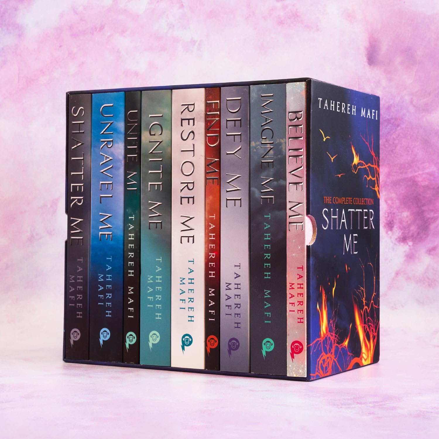 Shatter Me 9 Book Paperback Box Set by Tahereh Mafi showing all titles in the collection - Young Adult dystopian romance series