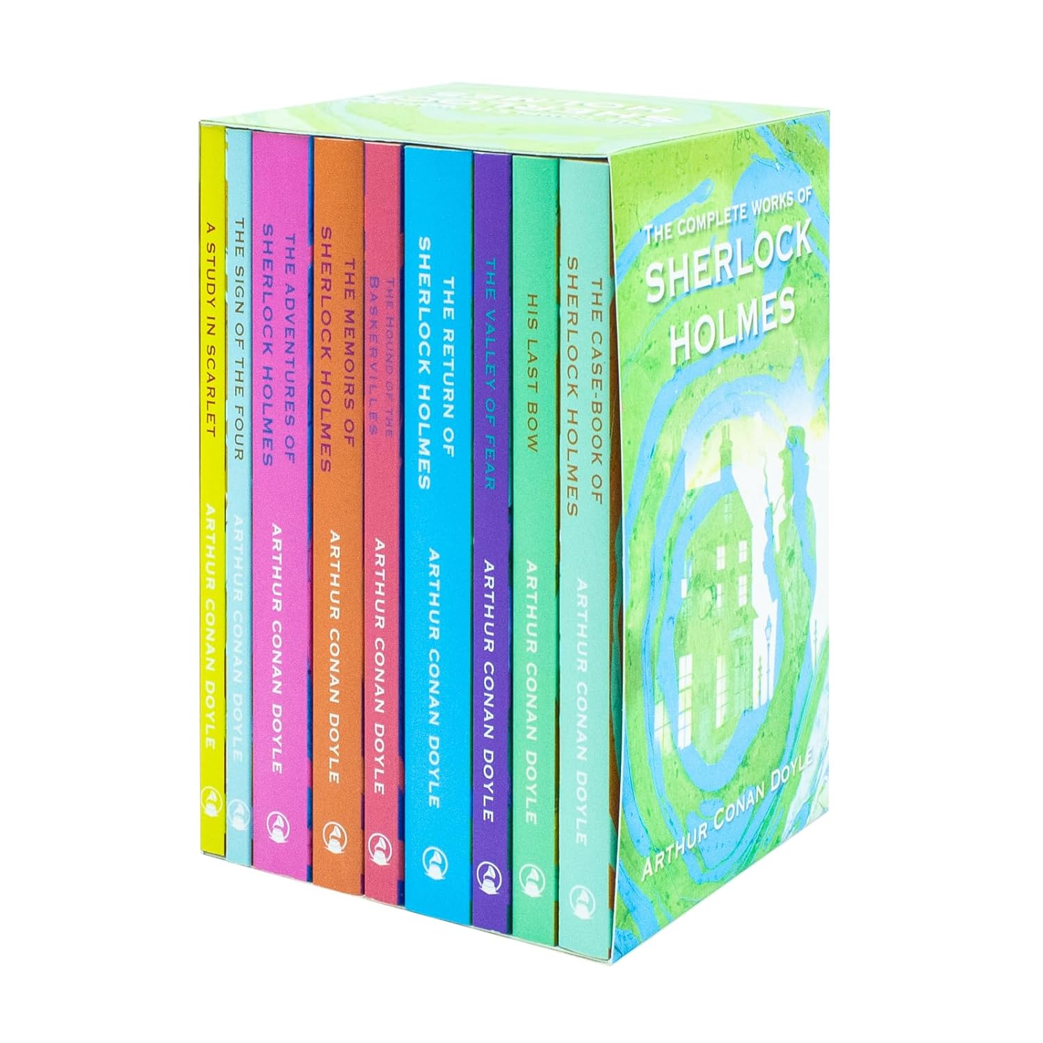 Sherlock Holmes Complete Works 9 Book Collection Set by Arthur Conan Doyle - stacked paperback books