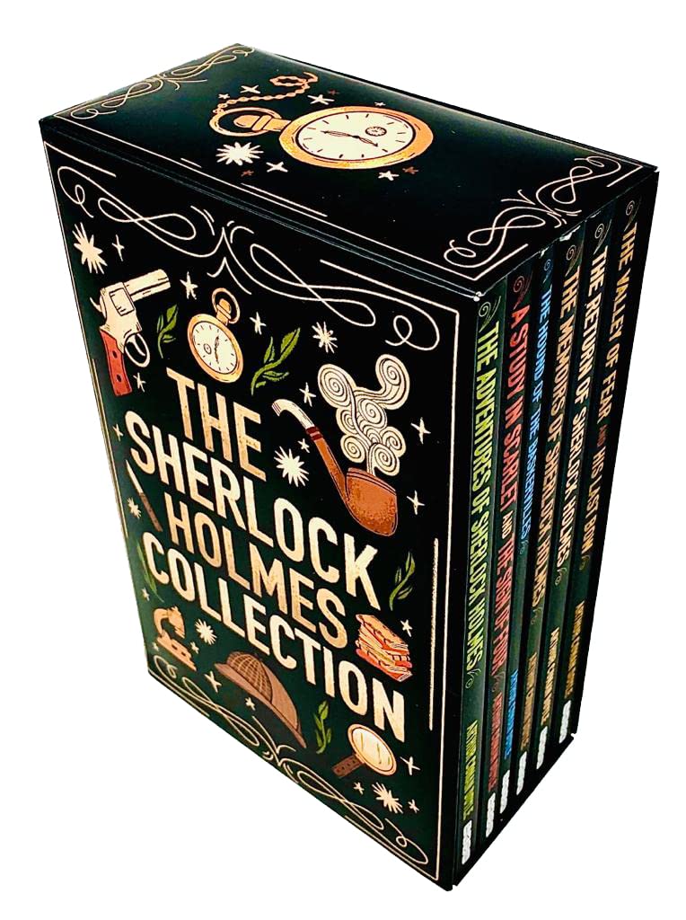 Sherlock Holmes 6 Book Paperback Set by Arthur Conan Doyle showing Hound of the Baskervilles and Memoirs titles